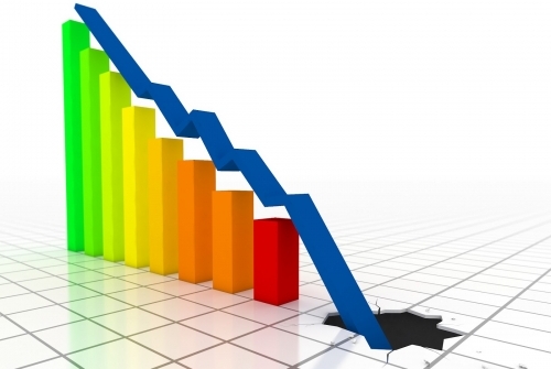 Graph with arrow going down through the floor, bankruptcy, bancarrota